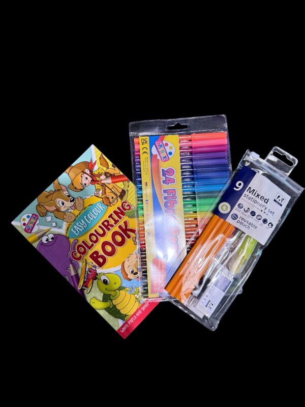 Bundle - Yellow Animal Colouring Book, 24 Felt Pens, 9pc Stationary Pack